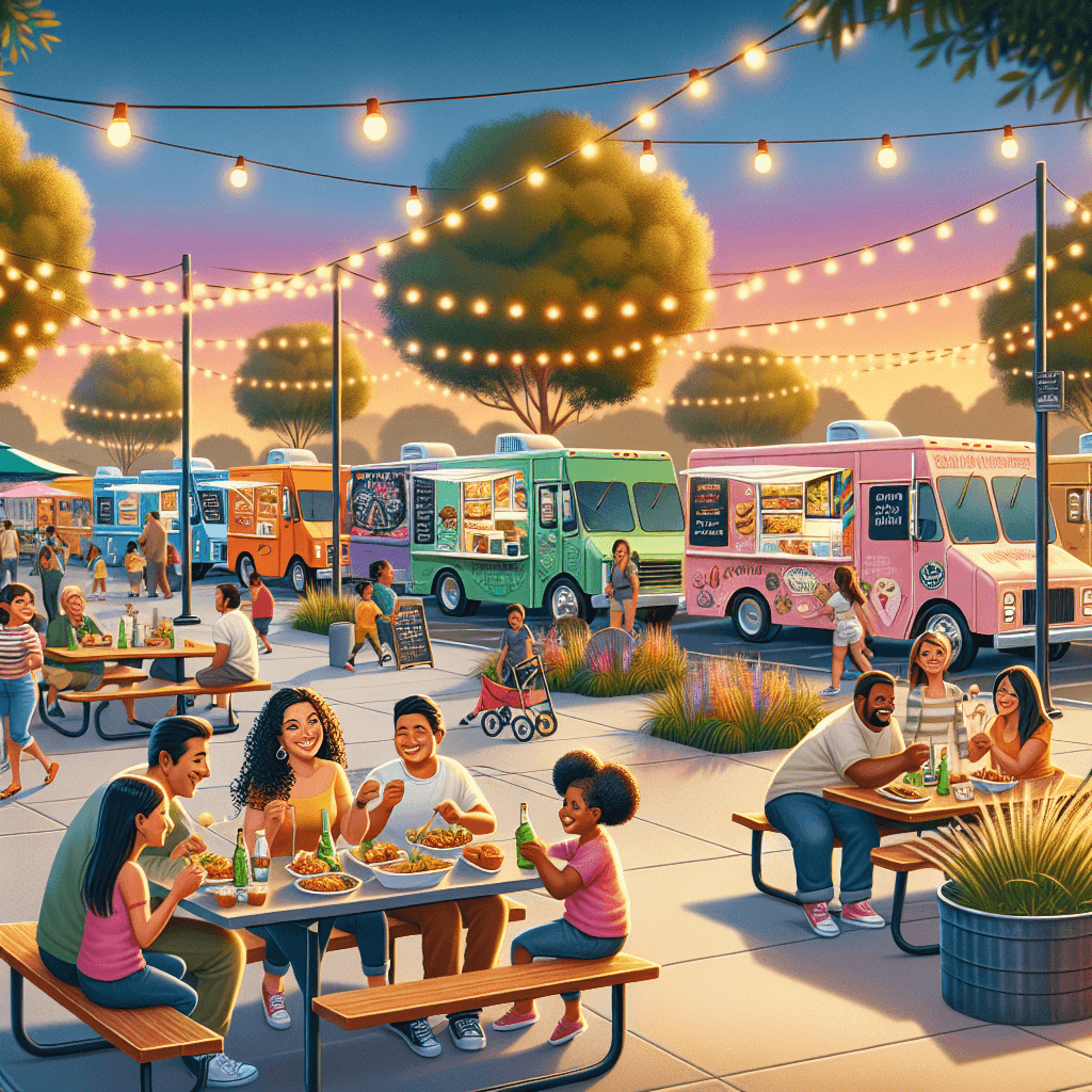 A lively outdoor food truck park in Merced, California, with colorful trucks, families enjoying meals, string lights, and a festive community atmosphere.