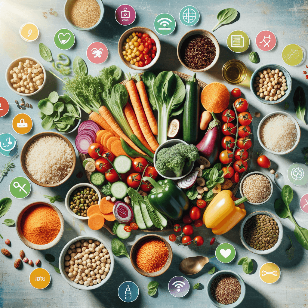 A vibrant flat lay of a colorful plant-based meal with various vegetables, grains, and legumes, highlighting missing nutrients with icons and labels.
