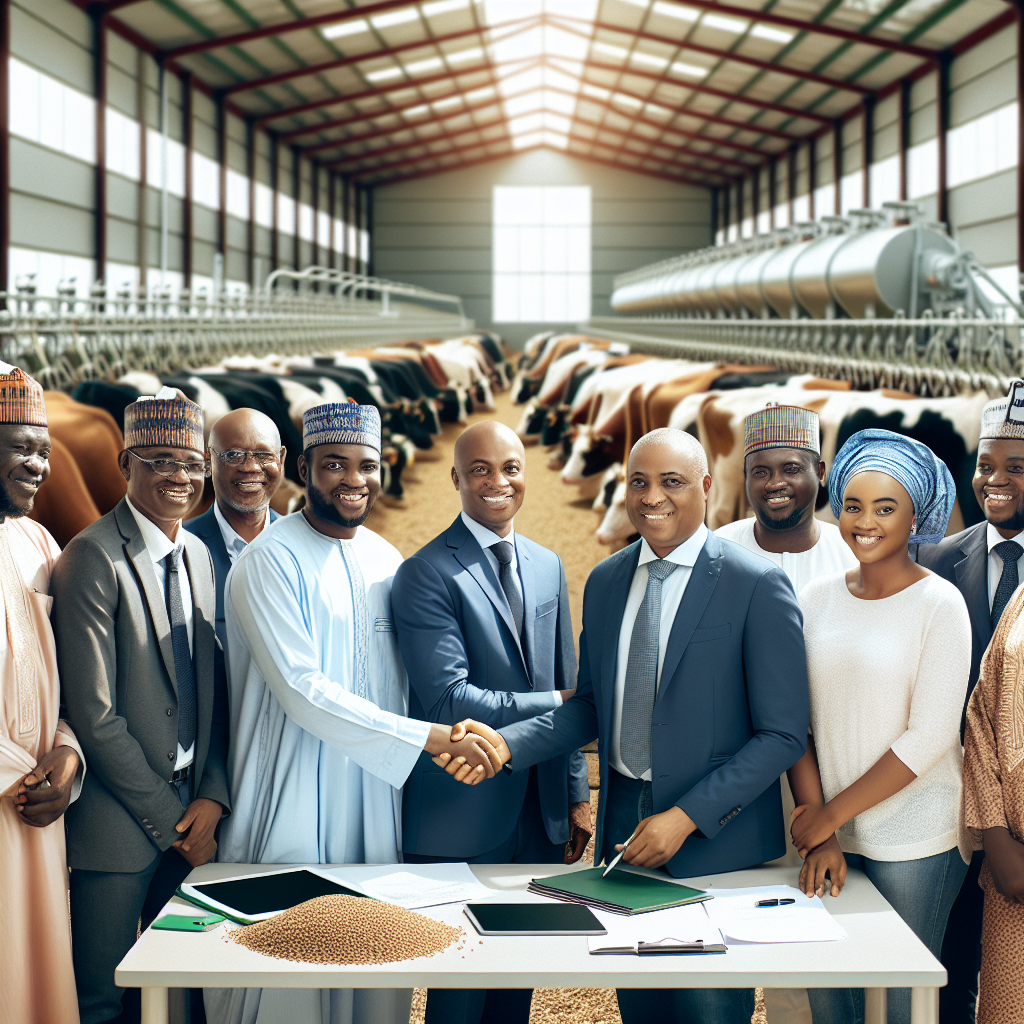 A group of Nigerian officials shaking hands over a signed agreement, with cows and livestock in the background, symbolizing progress in meat production.