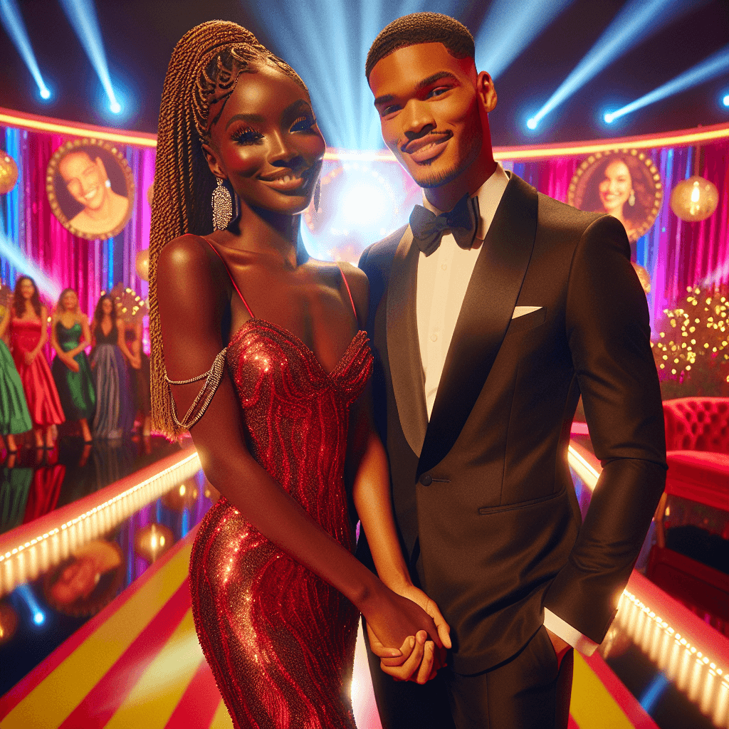 A glamorous photo of Nelly and Ashanti holding hands and smiling, set on a vibrant reality TV show stage with soft spotlight and romantic atmosphere.
