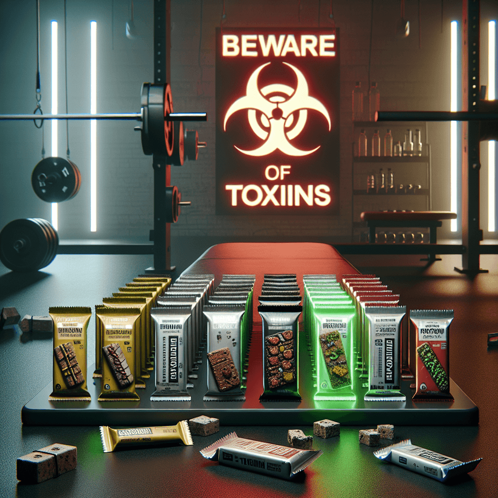 A lineup of popular nutrition bars on a gym bench, with some highlighted as safer choices, and a warning sign in the background indicating toxins.