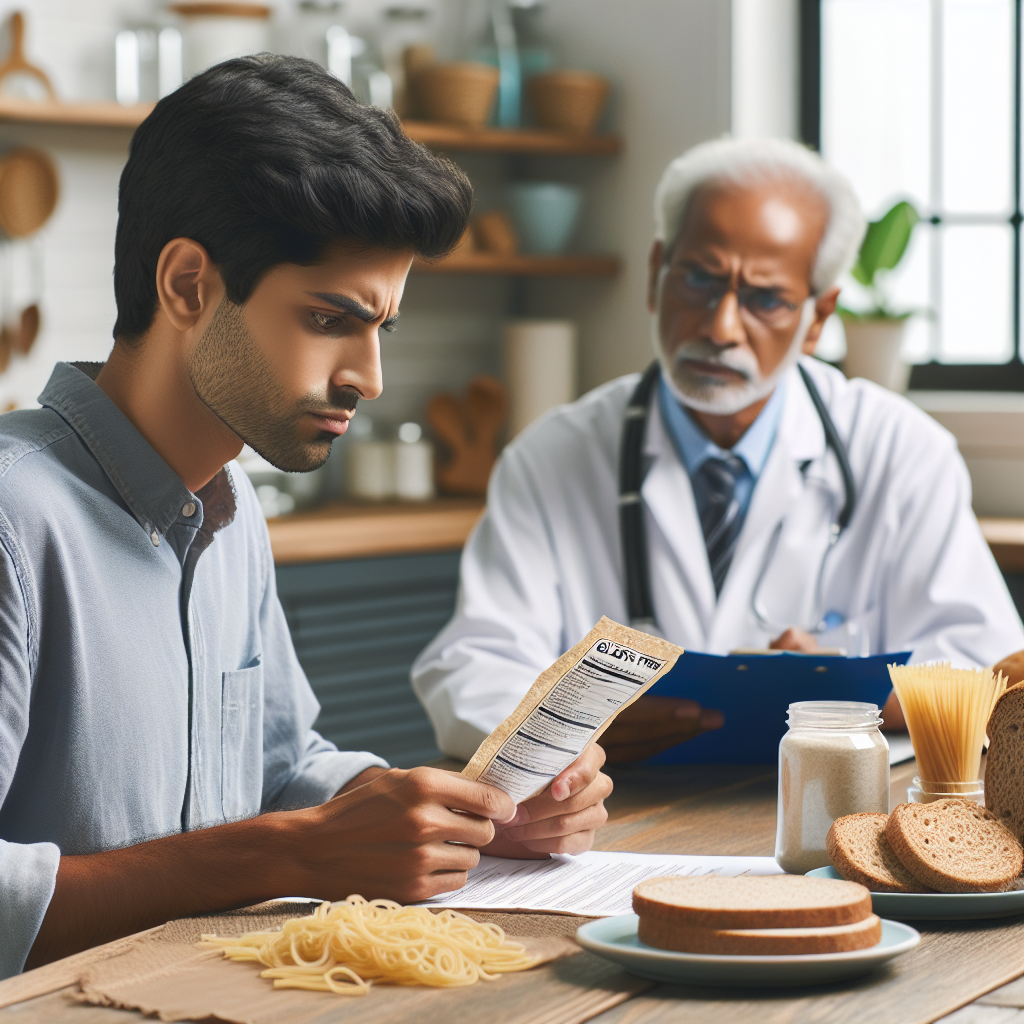 A worried adult at a kitchen table reviewing a gluten-free food label, surrounded by bread, pasta, and lab test results, with a doctor’s consultation nearby.