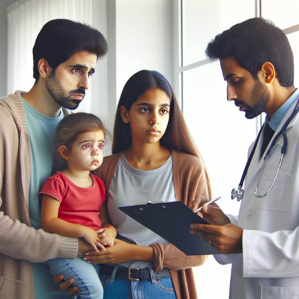 Concerned parents discussing health guidelines with a pediatrician in a bright, modern clinic while a child with allergy symptoms looks on.