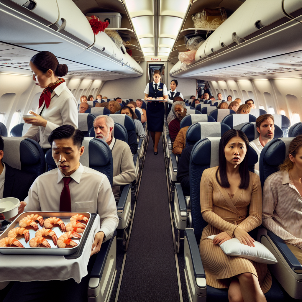 An airplane interior with concerned passengers and flight attendants responding to a medical emergency involving a meal tray with shrimp.