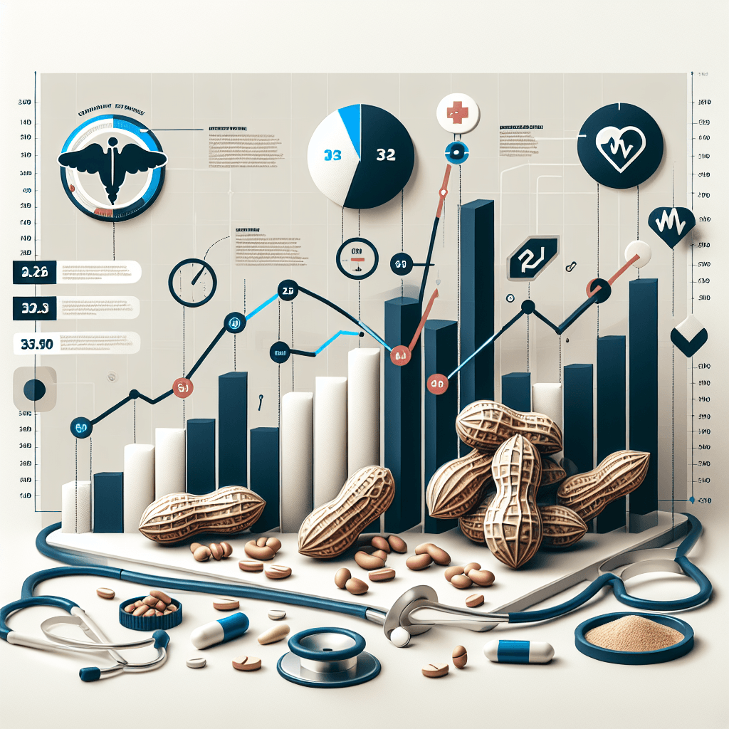 A modern infographic showing upward trending graphs, medical symbols, and peanuts, illustrating the growth of the peanut allergy market in a clinical, professional style.