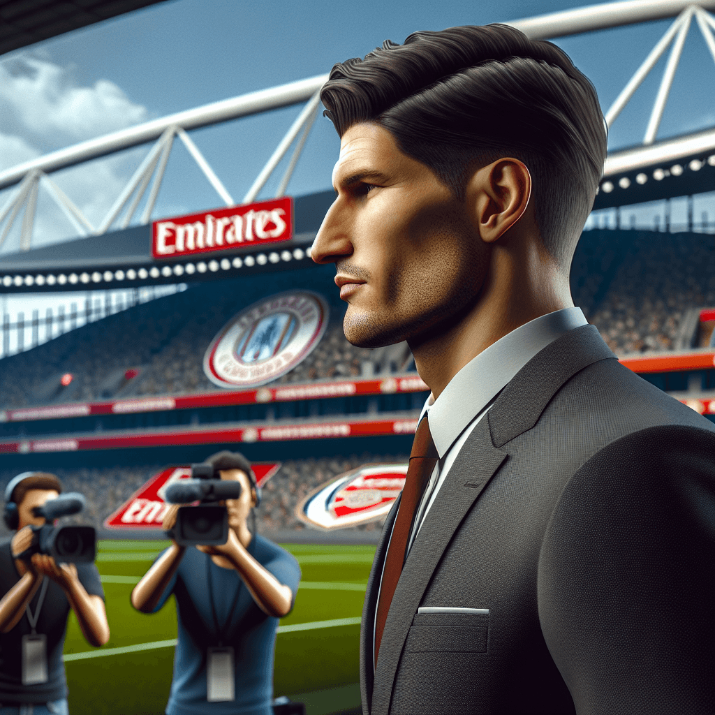 A focused Petr Cech in a suit, standing in front of the Emirates Stadium with Arsenal logos in the background, sports journalists capturing the moment.