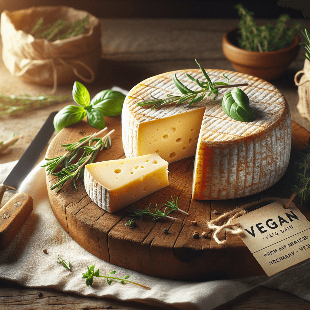 A close-up of a plant-based mature cheddar cheese wheel sliced on a rustic wooden board, surrounded by fresh herbs and a vegan-friendly label.