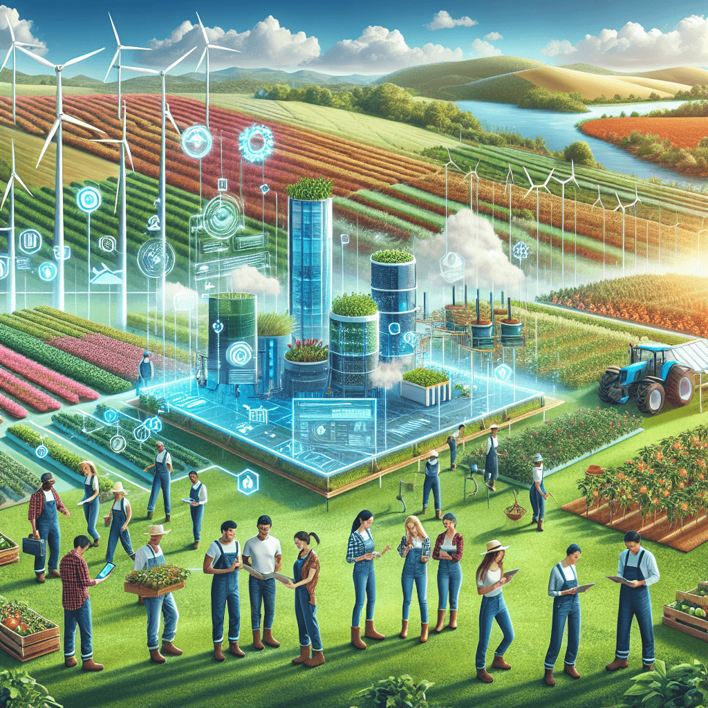 A modern farm landscape showing advanced technology, sustainable crops, and diverse farmers collaborating, with digital data overlays illustrating agtech trends.