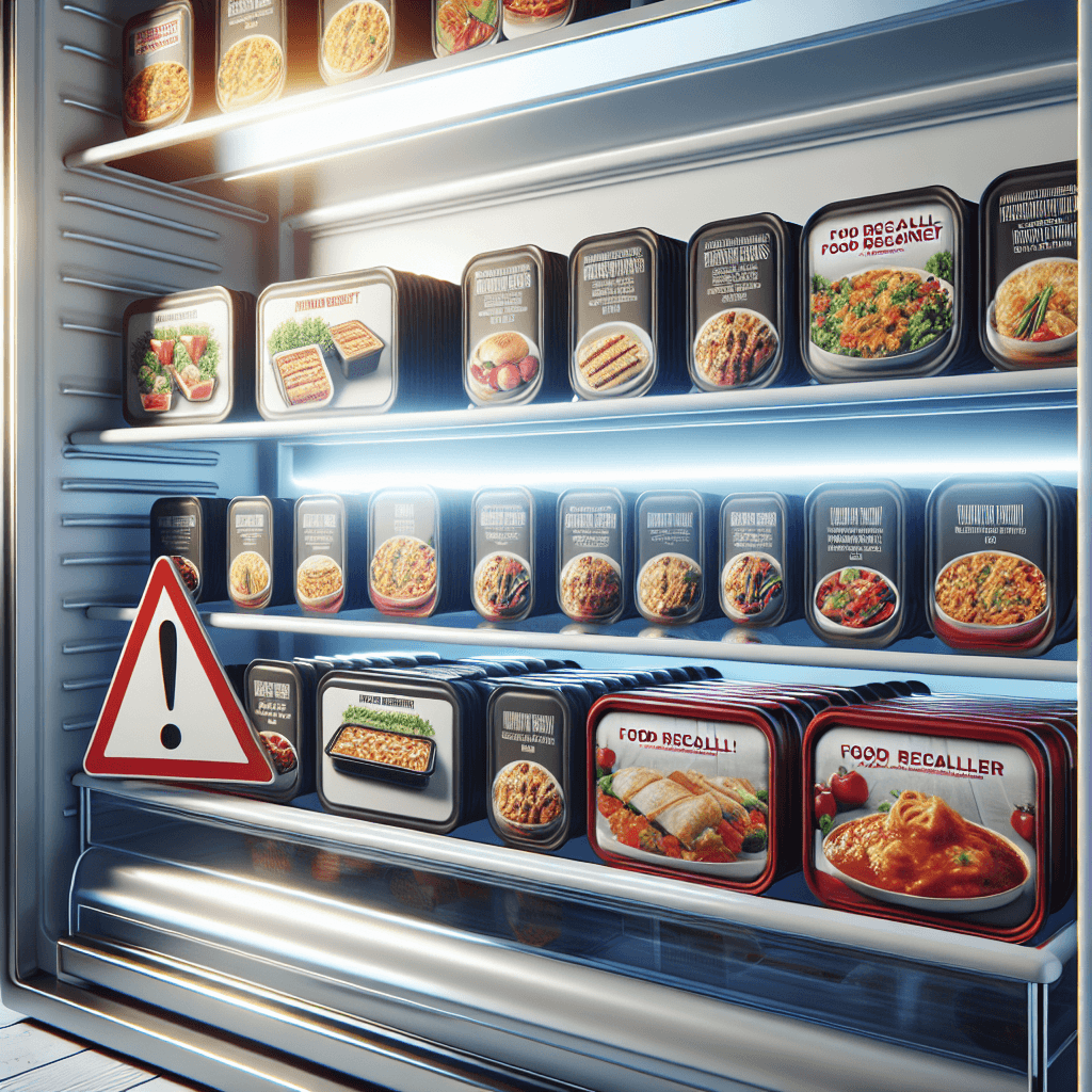 A refrigerator shelf with various packaged ready-to-eat meals, one highlighted with a red warning sign, emphasizing food recall and safety alert.