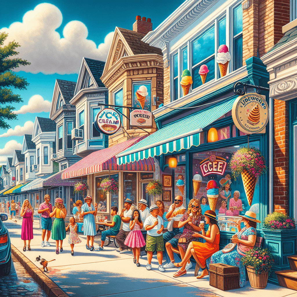 A vibrant streetscape of Ridgewood, New Jersey, featuring happy people enjoying colorful ice cream cones outside charming local ice cream shops on a sunny day.