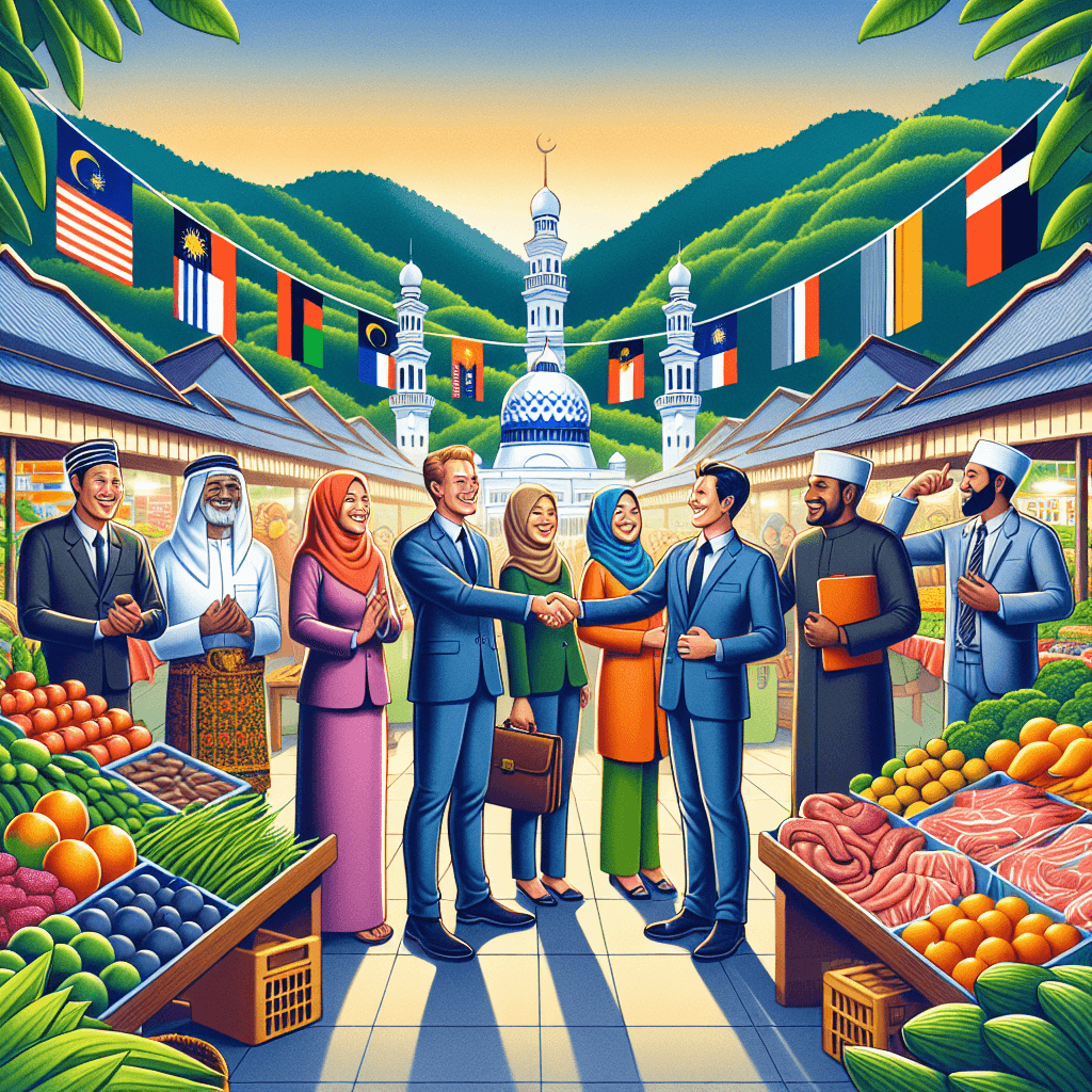 A vibrant Sabah halal market scene with diverse products, business people shaking hands, and a backdrop of lush Borneo landscapes, symbolizing growth and opportunity.