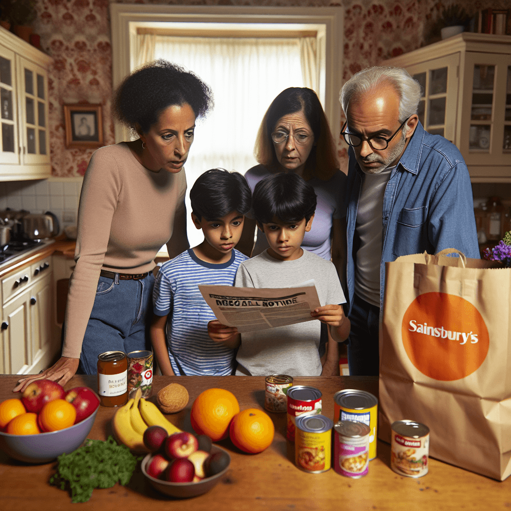 A concerned UK family checking a recall notice on their kitchen table next to a Sainsbury’s shopping bag and grocery items.