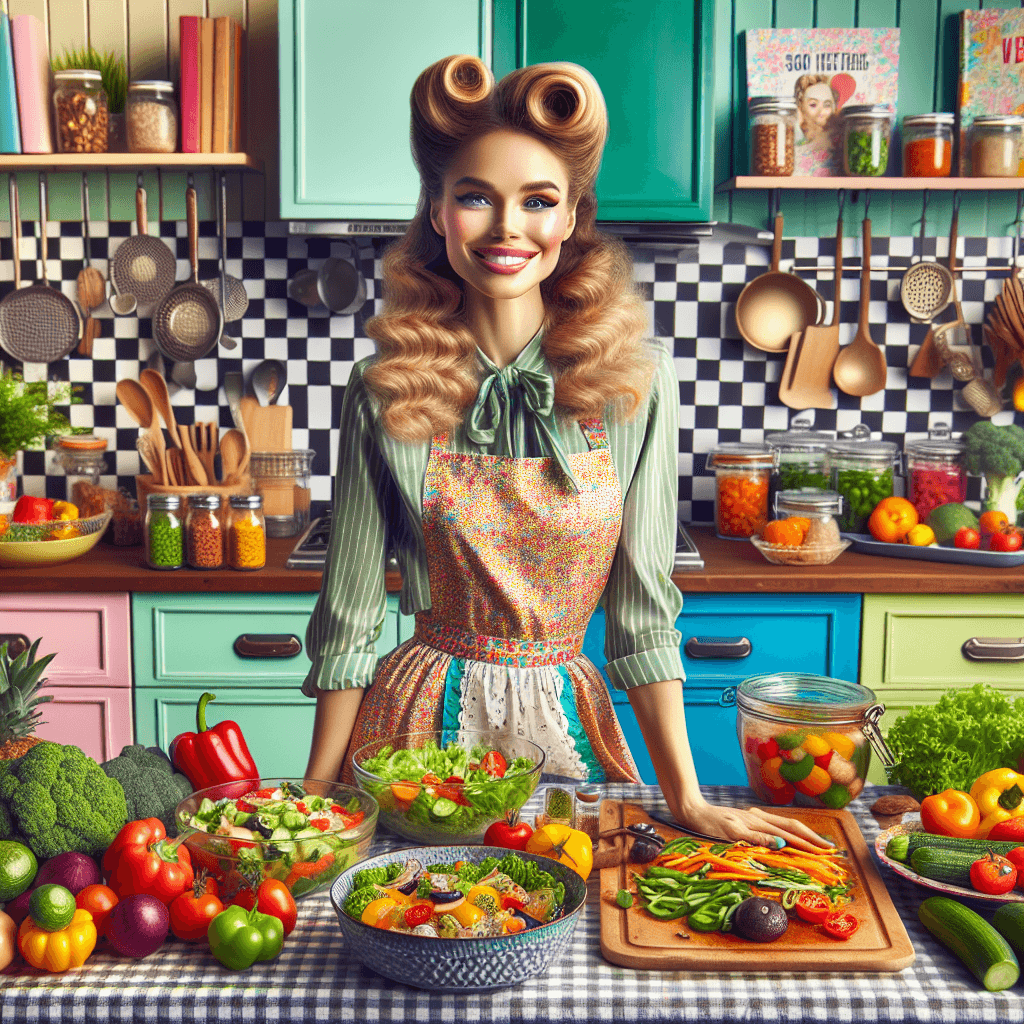 Vibrant kitchen scene with Sarah Kramer, a cheerful woman with retro style, surrounded by colorful vegan dishes, cookbooks, and fresh vegetables.