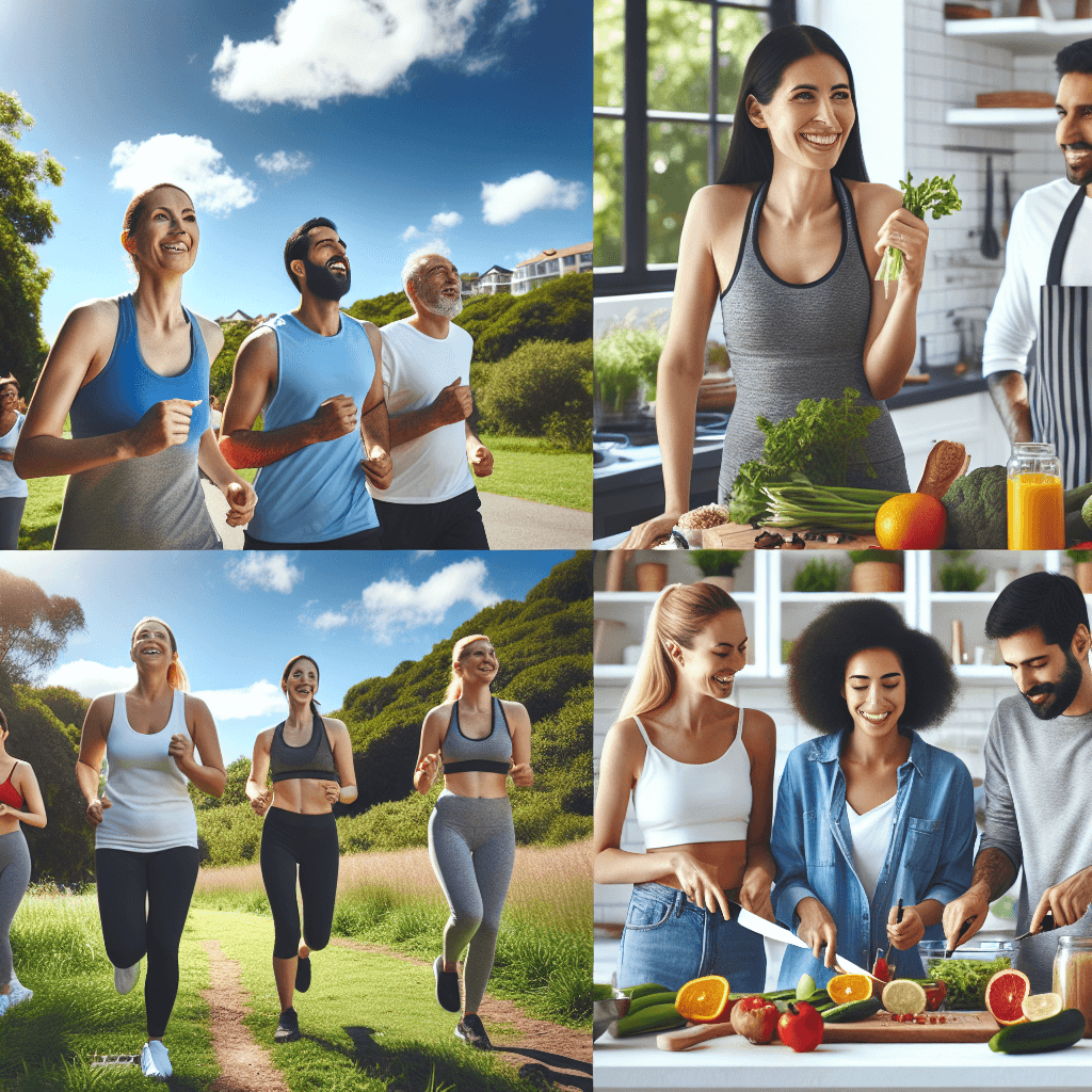 A diverse group of adults enjoying a brisk walk outdoors and preparing healthy homemade meals together, symbolizing positive lifestyle habits.