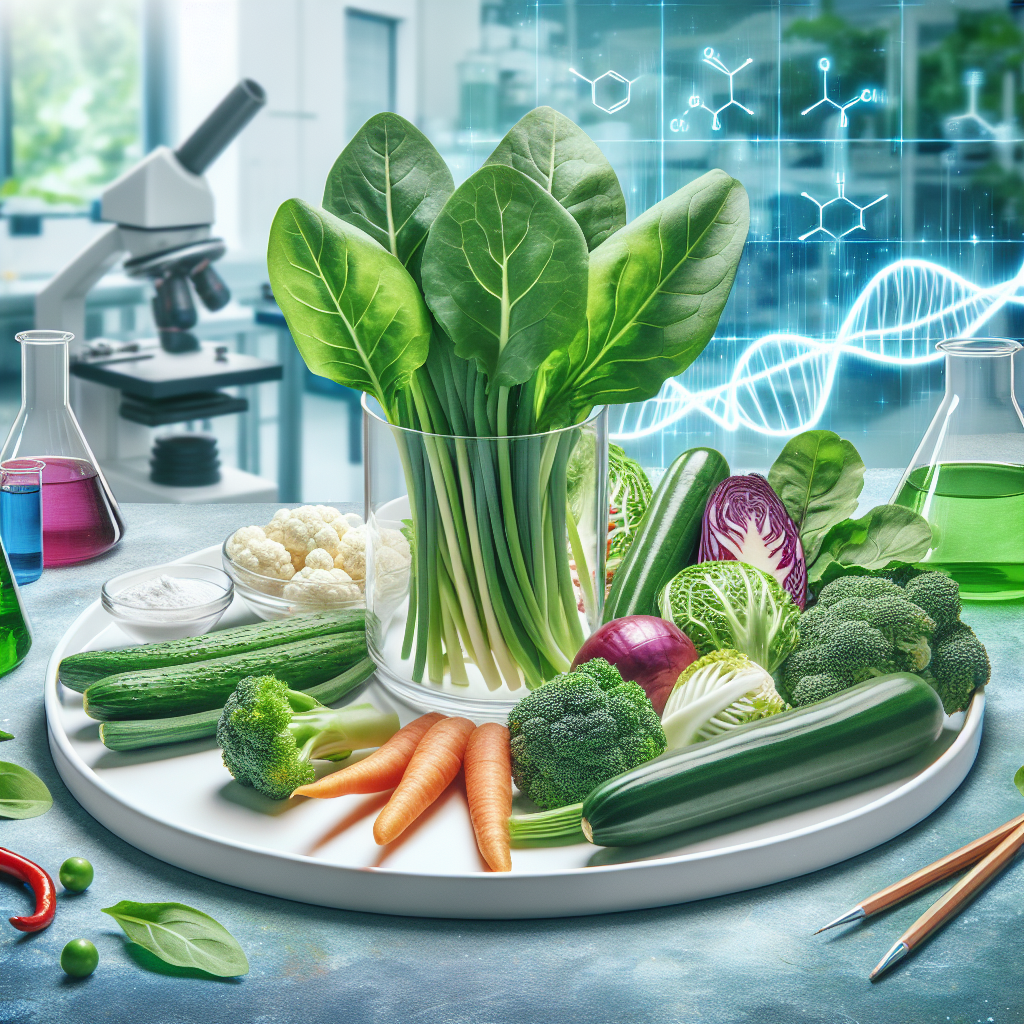 A vibrant assortment of fresh leafy greens and cruciferous vegetables on a clean white plate, with a scientific lab background hinting at health research.