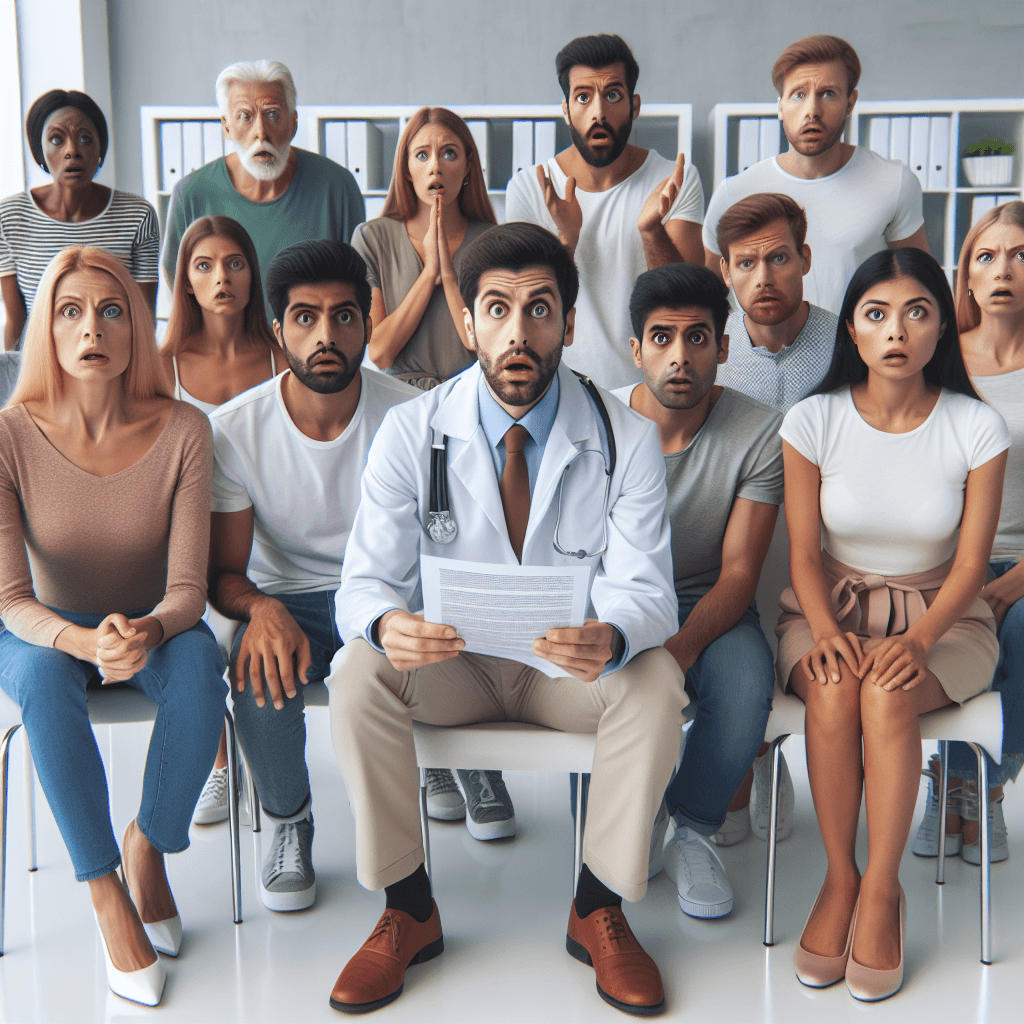 A diverse group of men and women looking surprised and concerned, with a medical professional explaining allergy symptoms, set in a bright clinic.