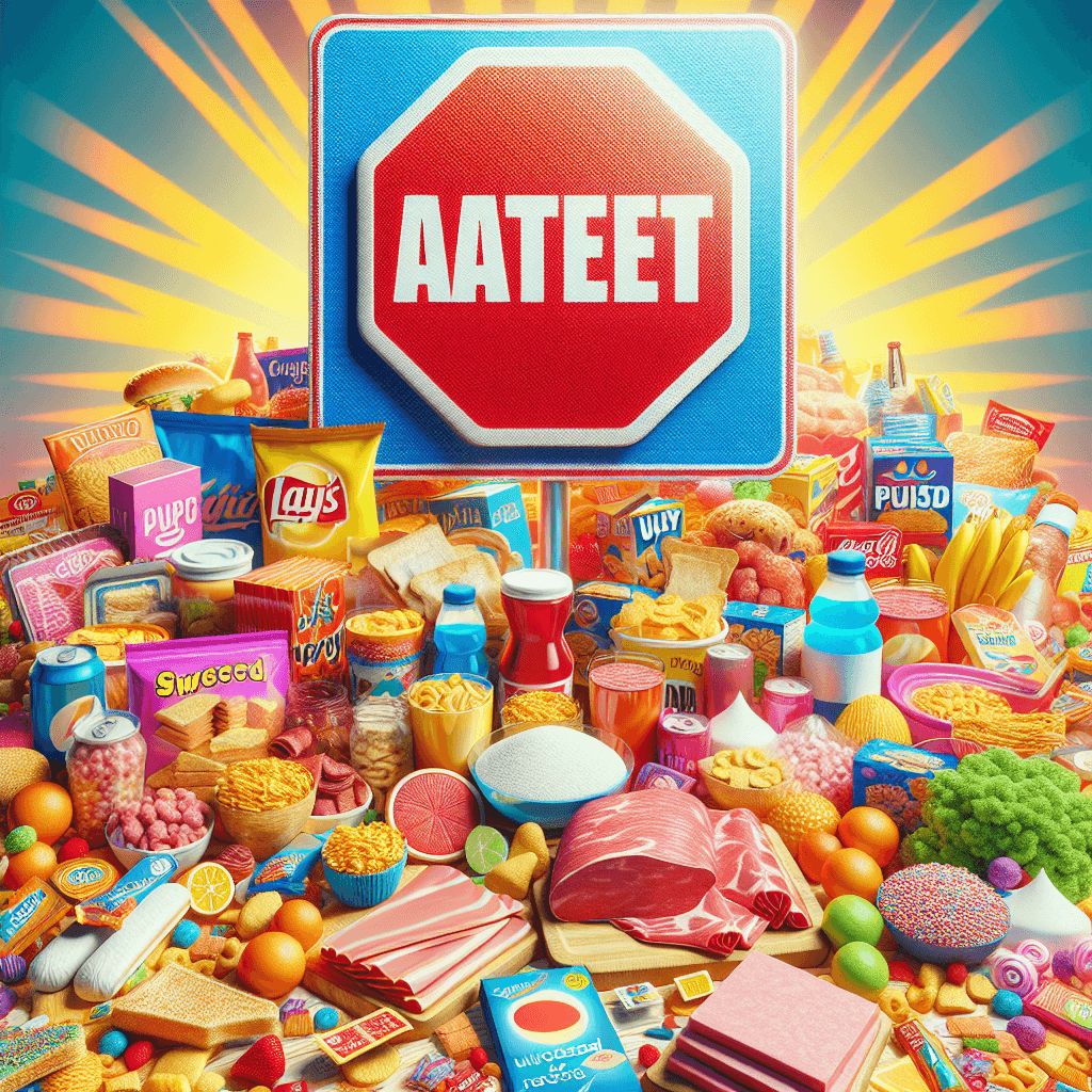 A colorful display of common ultra-processed foods like packaged snacks, deli meats, sweetened cereals, and sugary drinks, with a red warning sign overlay.