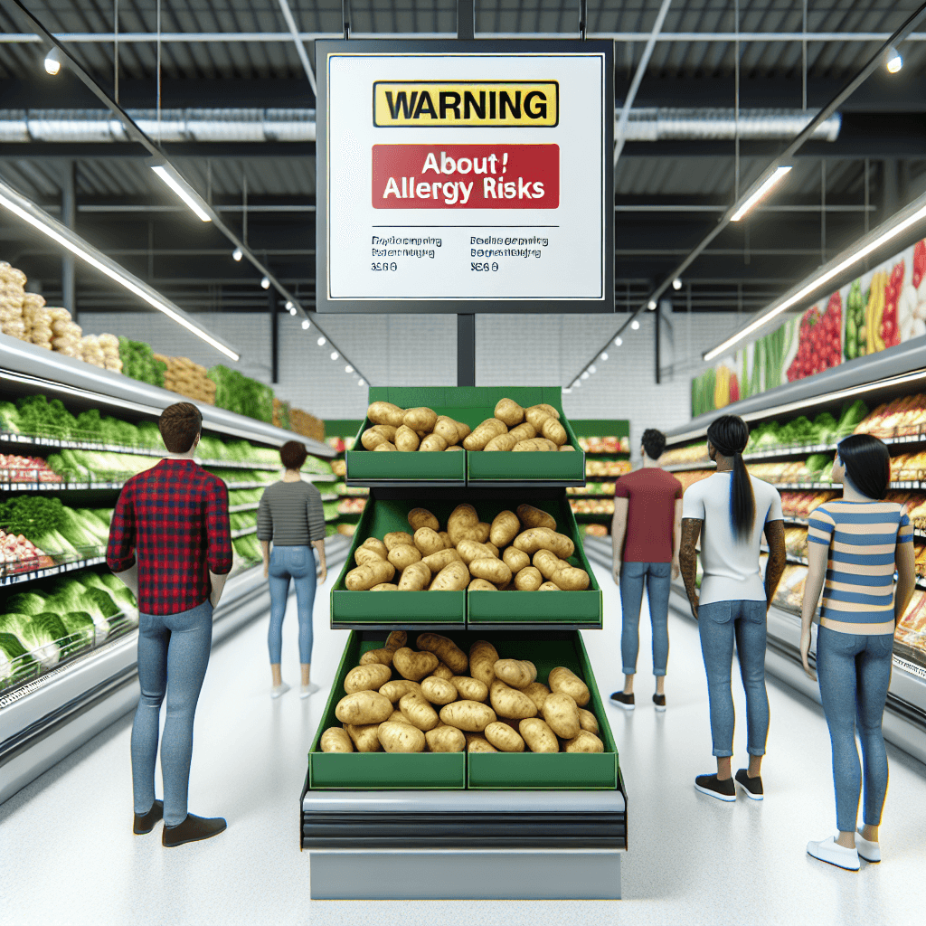 A supermarket produce aisle with empty potato shelves, a warning sign about allergy risk, and concerned shoppers looking at the display.