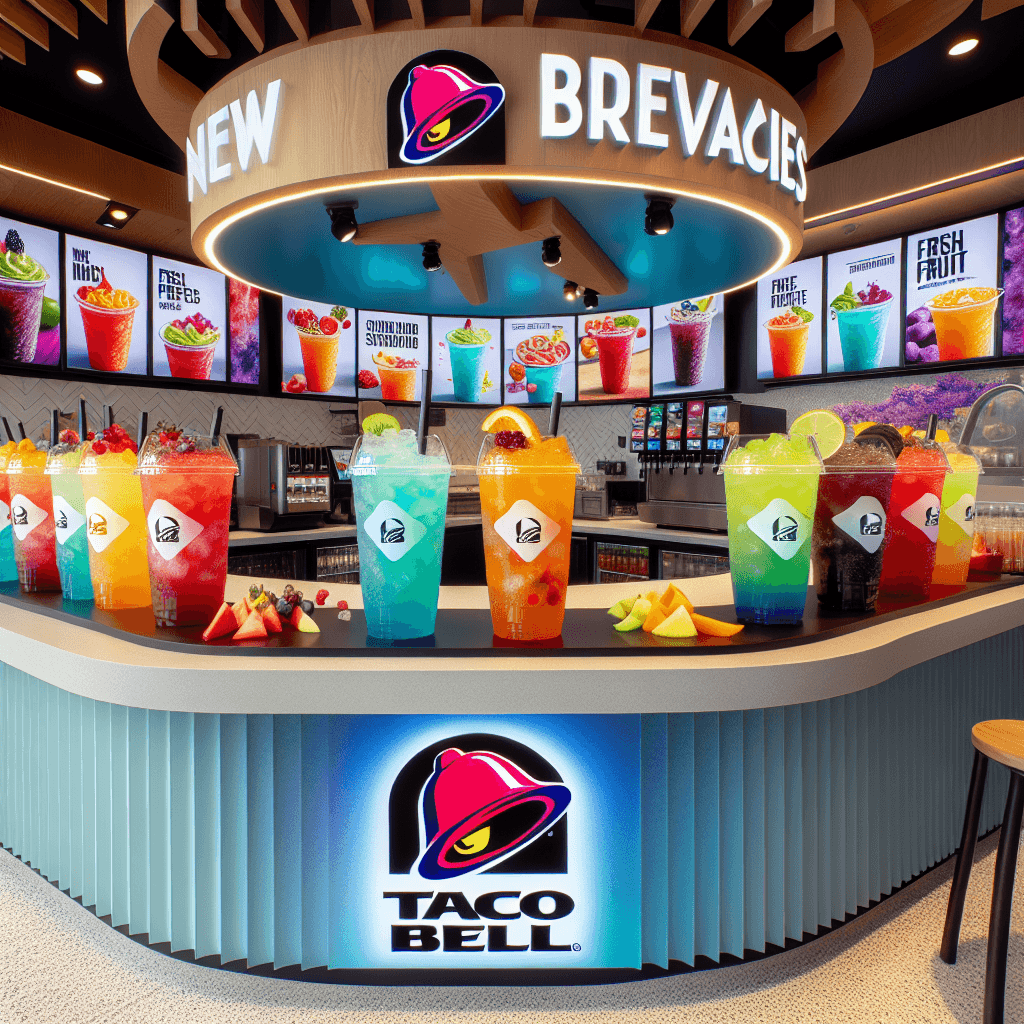 A vibrant Taco Bell counter showcasing colorful, refreshing new beverages in branded cups with ice and fresh fruit, set against a trendy fast-food backdrop.