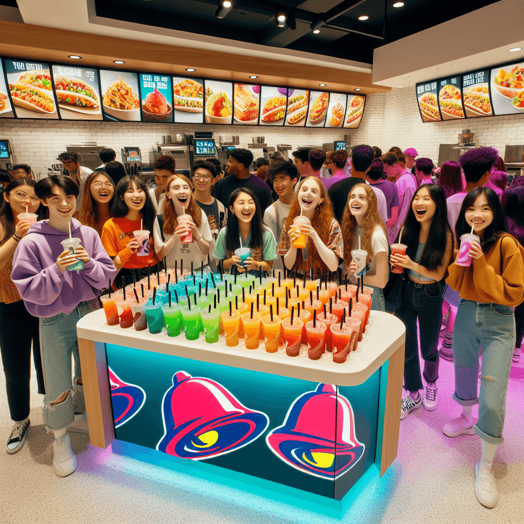 A colorful Taco Bell counter displaying new vibrant beverages in branded cups, surrounded by excited young customers enjoying their drinks.