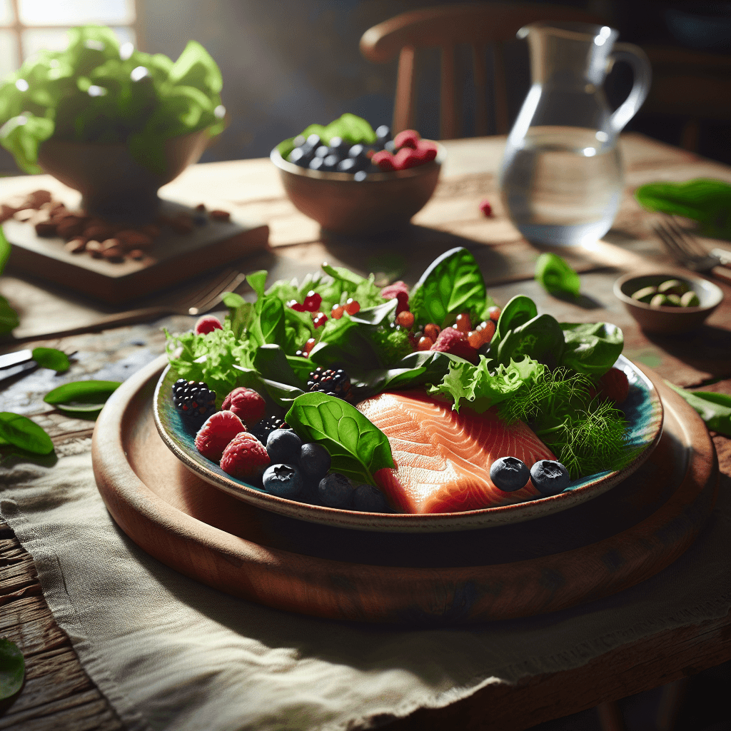 A colorful plate featuring leafy greens, fatty fish, and mixed berries arranged on a wooden table, with natural lighting and a healthy lifestyle background.