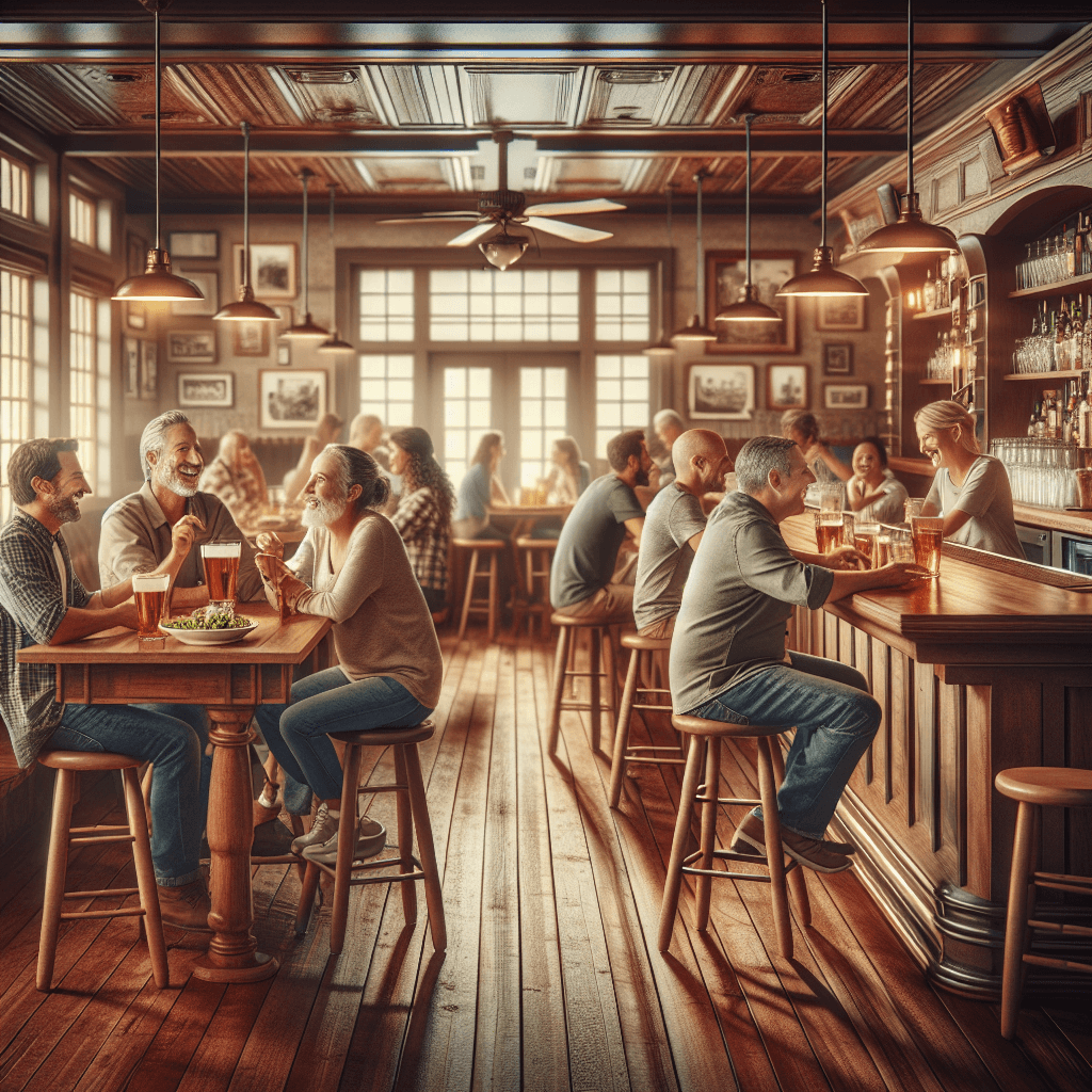 Cozy pub interior with wooden tables, friendly patrons enjoying food and drinks, warm lighting, and a welcoming bar in a small-town setting.