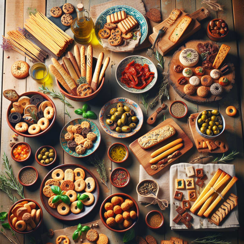 A vibrant flat lay of 10 popular gluten-free Italian snacks, including packaged treats and fresh foods, on a rustic wooden table with Italian décor.