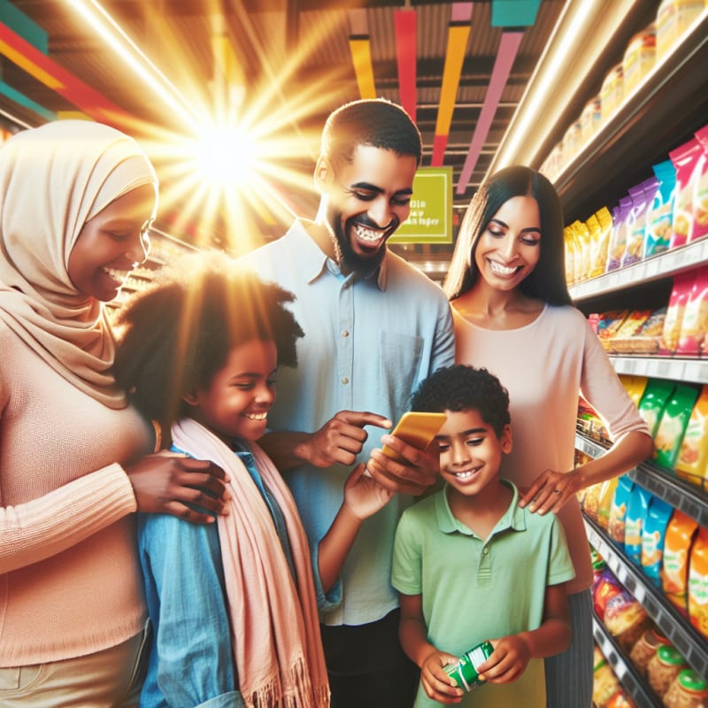 A cheerful family with children shopping in a sunlit modern Italian grocery store happily choosing colorful halal snacks together smiling while using a smartphone food safety app to check labels warm soft colors friendly faces inclusive atmosphere light streaming in creating a safe and uplifting feeling