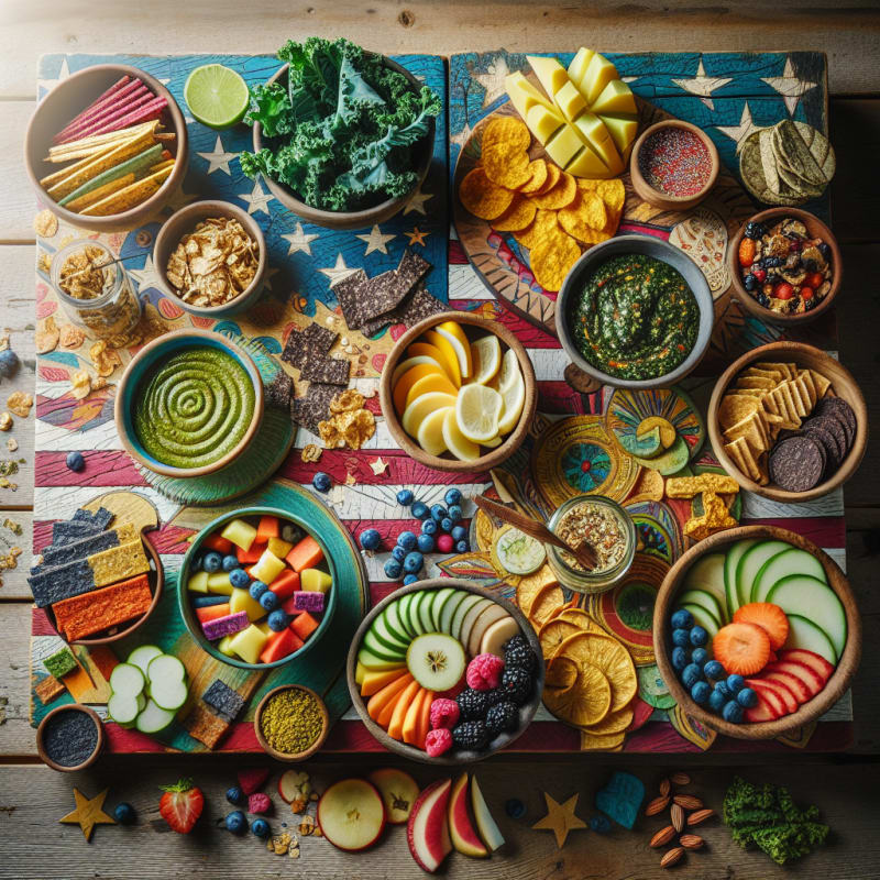 A vibrant flat lay of the top 10 vegan snacks in the USA, including colorful veggie chips, protein bars, nut mixes, and plant-based jerky on a rustic wooden table.