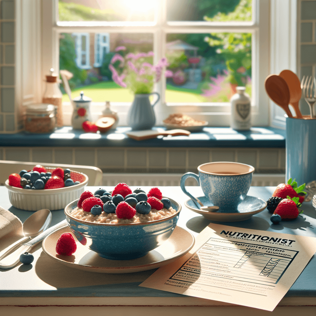 A bright UK breakfast table with a glass of orange juice removed, replaced by a bowl of whole grain porridge, fresh berries, and a nutritionist's note.