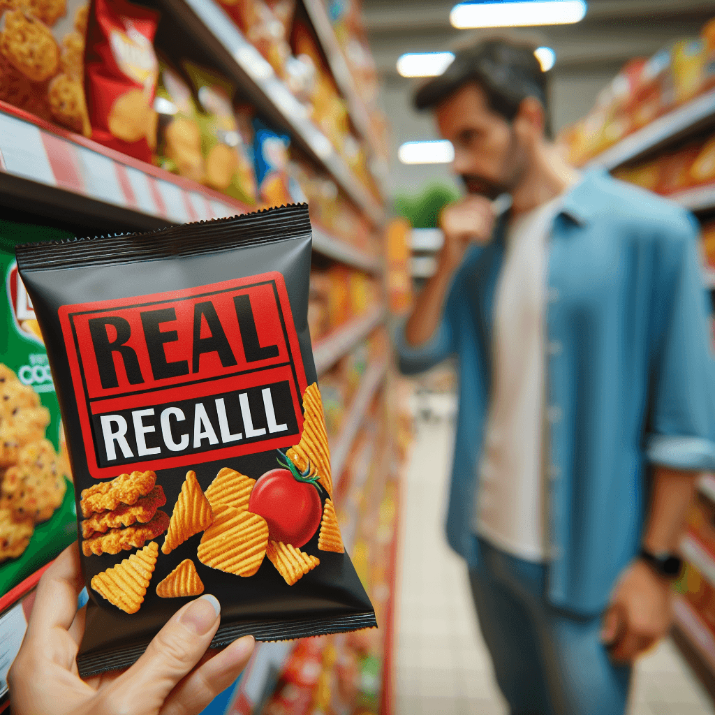 A close-up of a popular packaged snack with a bold red recall warning label and a concerned shopper in a supermarket aisle.
