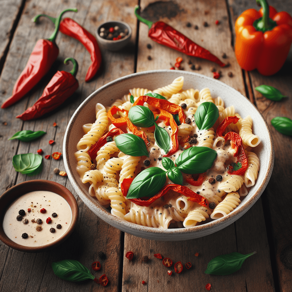 A bowl of creamy vegan roasted red pepper pasta, garnished with fresh basil and cracked black pepper, set on a rustic wooden table with roasted peppers nearby.