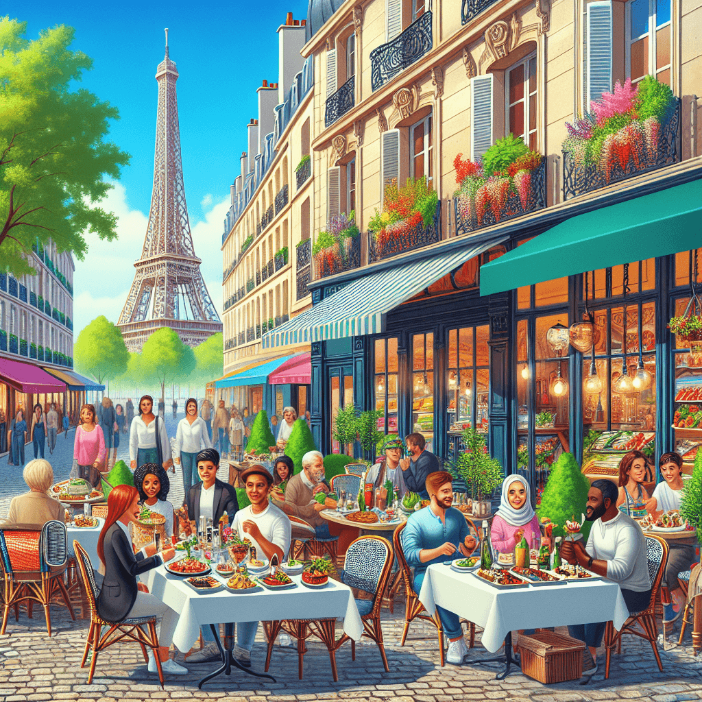 A vibrant Parisian street café with a variety of colorful vegan dishes on outdoor tables, iconic Eiffel Tower in the background, sunny afternoon ambiance.