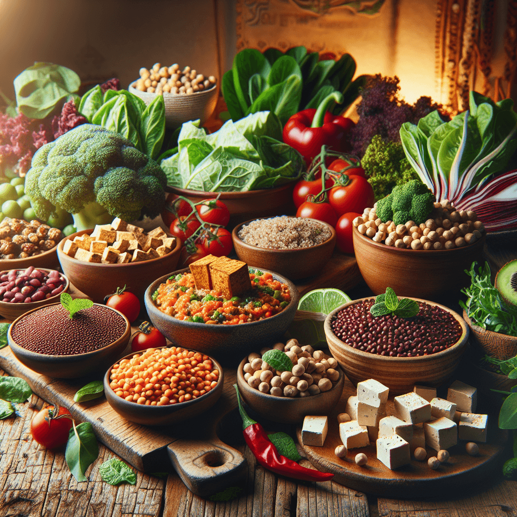 A vibrant assortment of high-protein vegan foods like lentils, tofu, quinoa, chickpeas, and leafy greens arranged on a rustic wooden table.