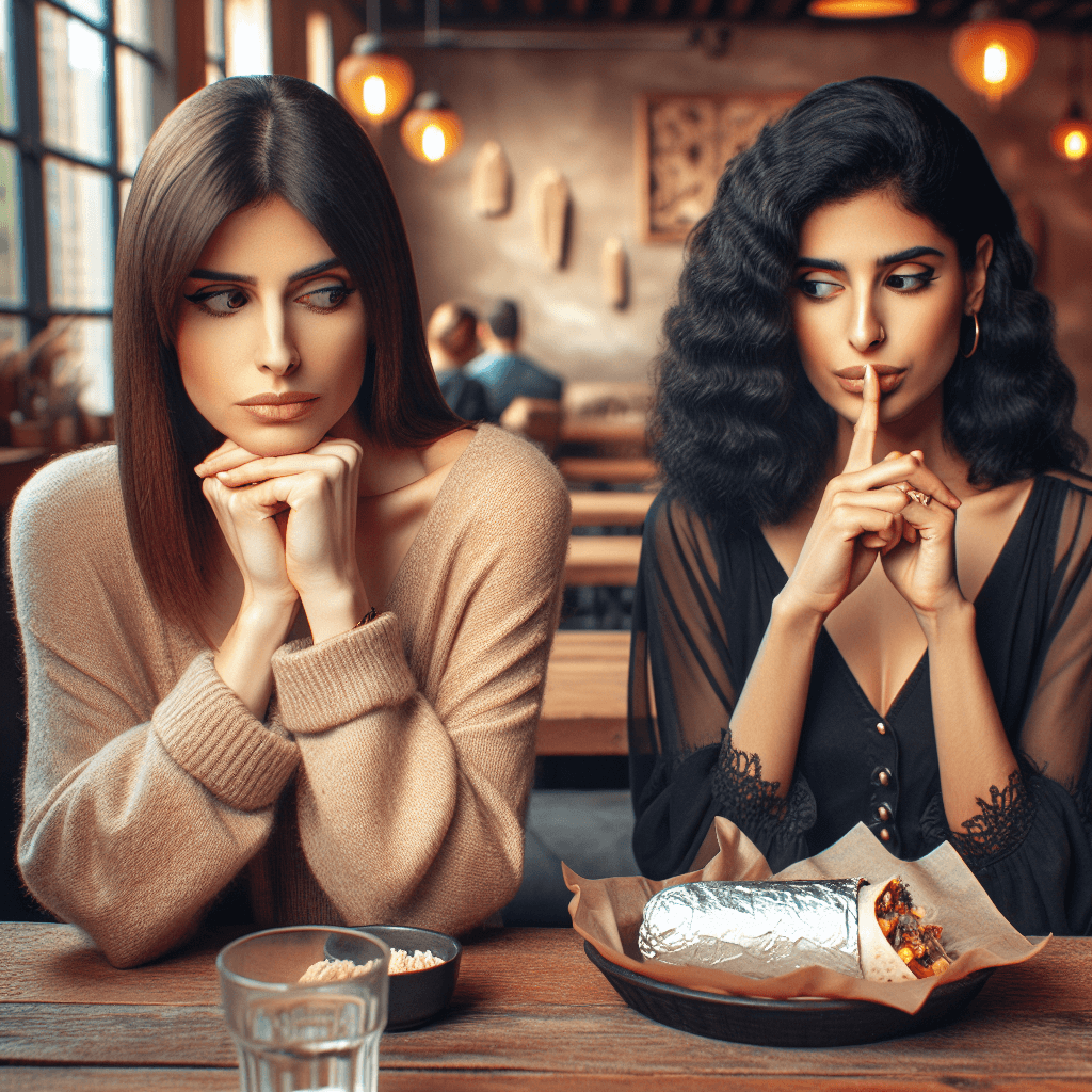 A woman looking disappointed at her burrito in a cozy restaurant, while her friend secretly adds extra money to the tip on the table.