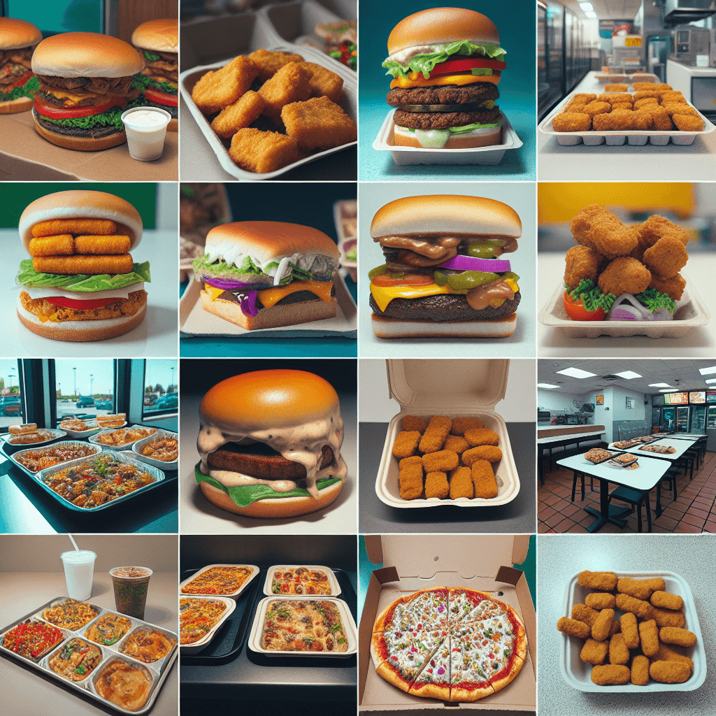 A collage of unappetizing meatless fast food items from around the world, with dull colors and unappealing presentation, in a fast food restaurant setting.