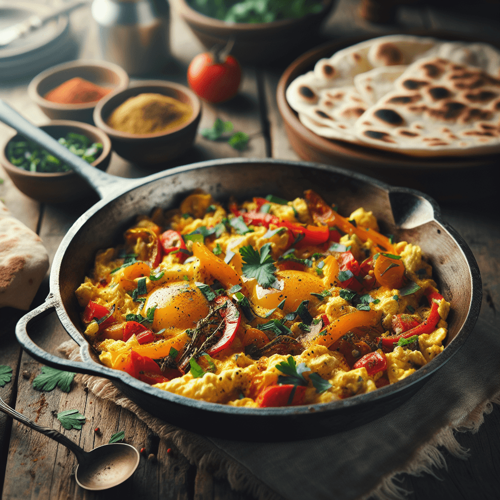 A rustic skillet filled with gently scrambled eggs, tomatoes, peppers, and spices, garnished with fresh herbs, set on a wooden table with flatbread.