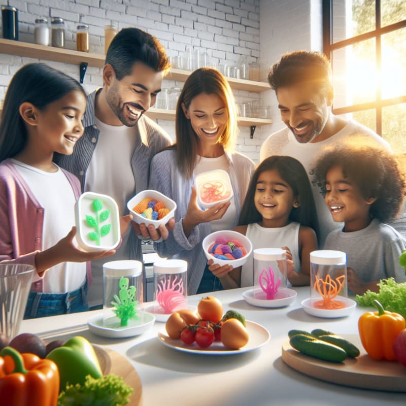 A cheerful family in a bright modern kitchen exploring colorful 3D printed plant and animal cell based meals with clear allergy safe labels sunlight streaming through large windows and fresh produce on the counter