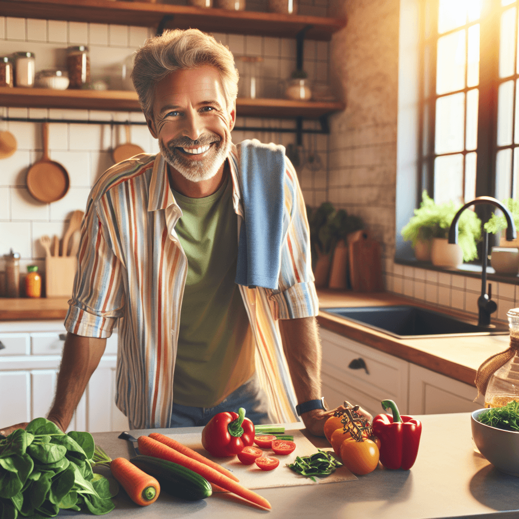 A cheerful middle-aged person preparing a healthy evening meal in a bright kitchen, avoiding sugary snacks and late caffeine, with fresh vegetables on the counter.