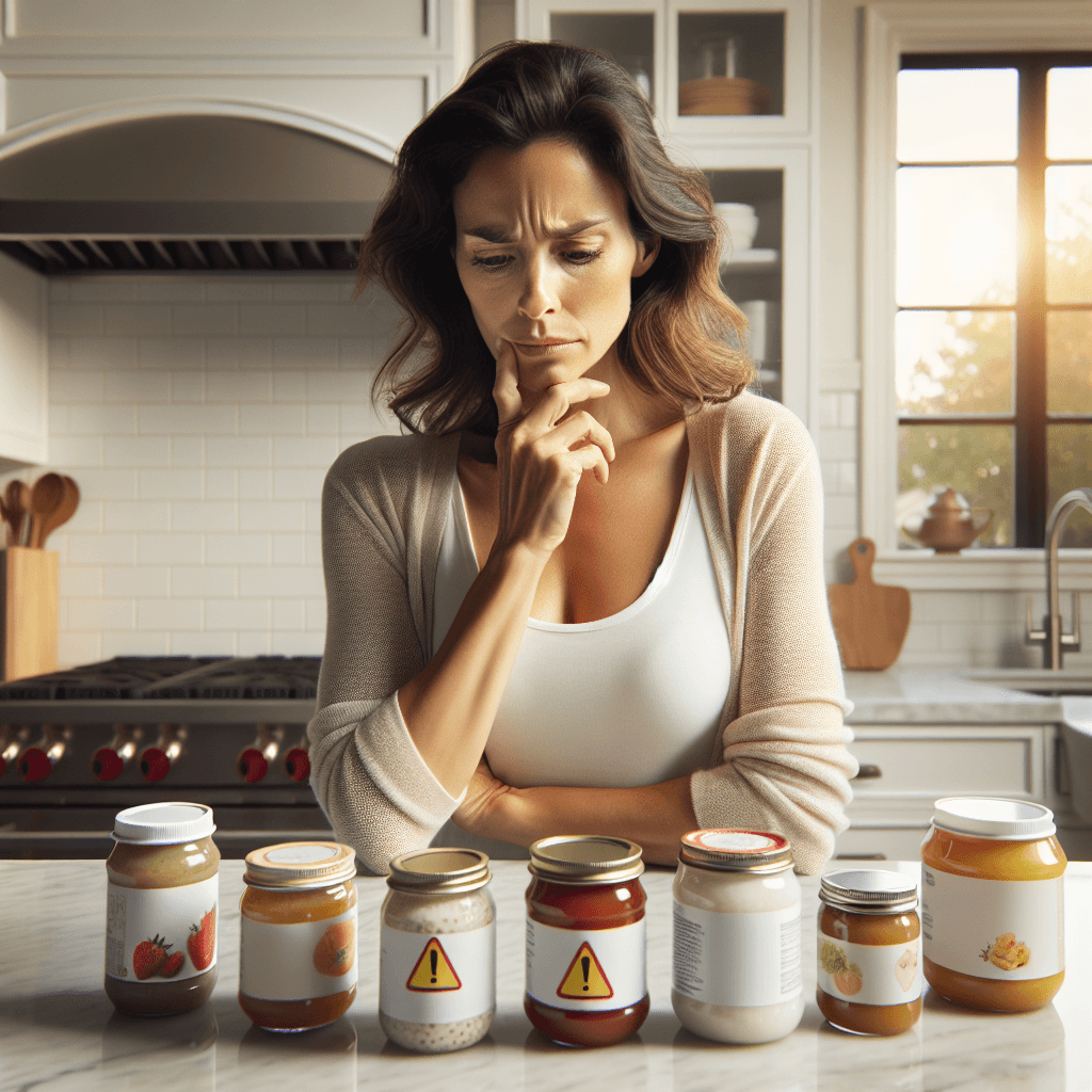 A concerned parent examining jars and pouches of baby food on a kitchen counter, with highlighted labels and warning signs in a bright, well-lit setting.