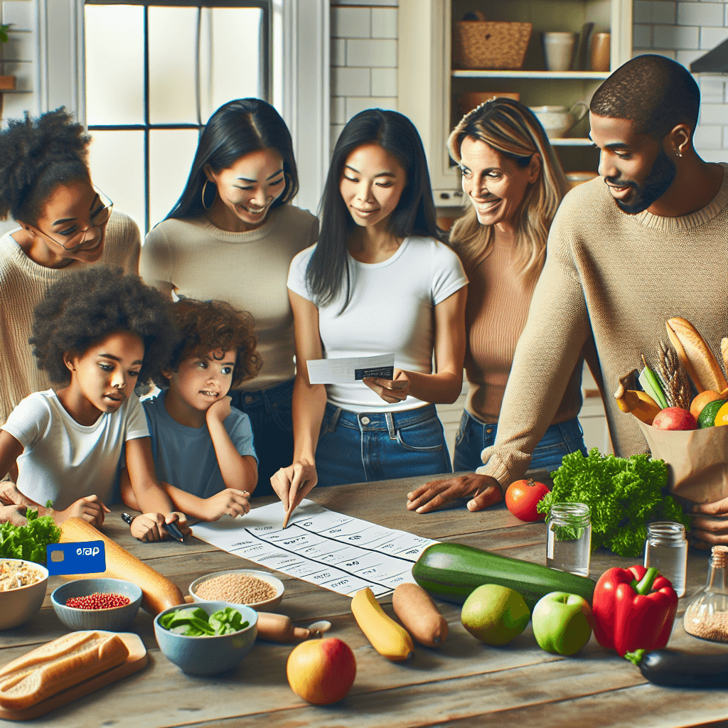 A diverse family planning meals around a kitchen table with a grocery list, SNAP card, and affordable fresh produce spread out, emphasizing budgeting and smart shopping.