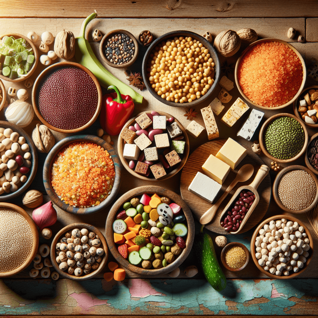 A vibrant flat lay of 9 colorful vegan foods, including beans, lentils, tofu, quinoa, chickpeas, seeds, and nuts, artfully arranged on a rustic wooden table.