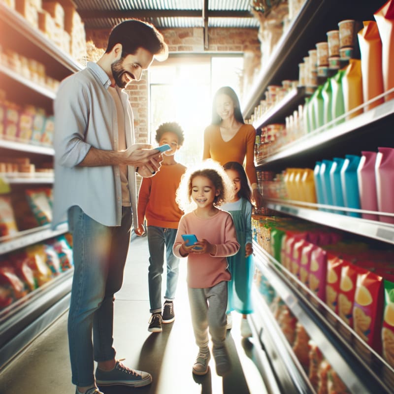 A bright inviting grocery store scene with a diverse family smiling as they shop for allergy-safe snacks a parent uses a modern smartphone app to scan a food label children happily choose colorful snack packs natural lighting soft pastels and a hopeful empowering atmosphere