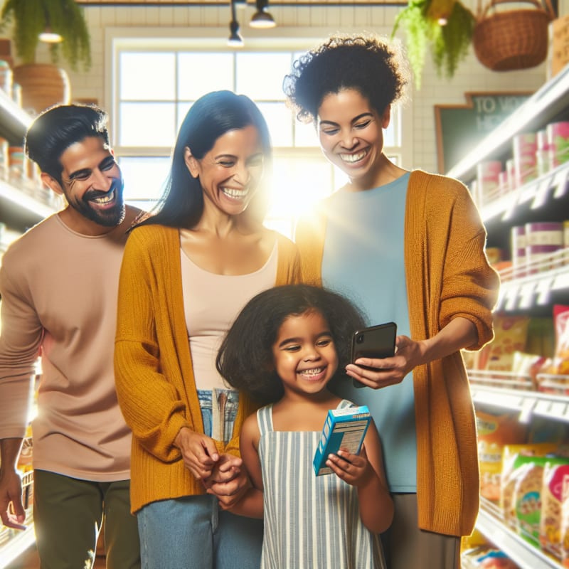 A bright sunny grocery store scene with a diverse family smiling as they shop together a child joyfully scans a snack product label with a smartphone app shelves display allergy friendly foods and trending healthy products soft pastel colors and natural light create a warm inviting atmosphere evoking feelings of safety confidence and empowerment