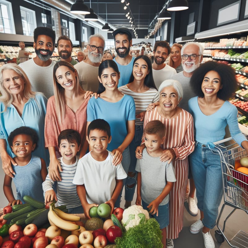 A diverse group of families and individuals of different ages and genders smiling and choosing healthy foods together in a bright well lit grocery store modern food labels visible friendly atmosphere