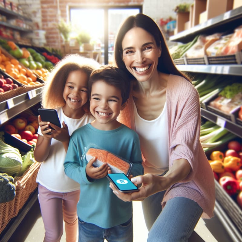 A cheerful family in a sunlit grocery store aisle smiling while a parent uses a mobile app to scan a package of salmon surrounded by colorful fresh produce children holding allergy safe snacks with soft pastel colors and natural daylight creating a warm inviting scene