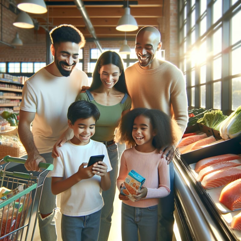A bright grocery store scene with a diverse family smiling as they use a smartphone to scan a salmon package barcode gentle sunlight streams through modern windows kids holding allergy-safe snacks shelves stocked with trending healthy foods soft pastel colors cheerful atmosphere