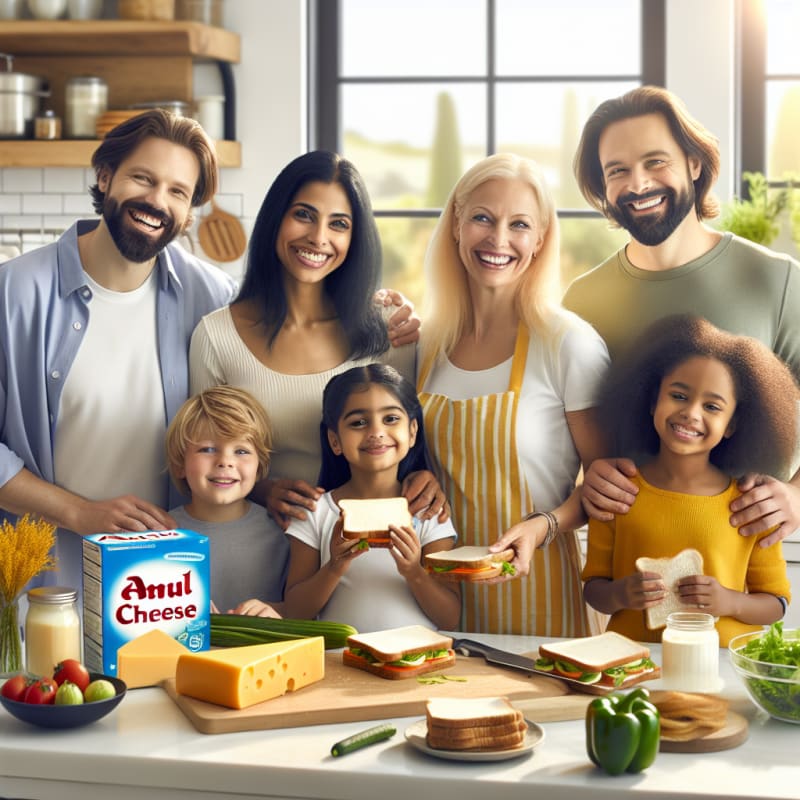 A bright kitchen scene with a happy family preparing sandwiches using Amul Cheese clear food labels allergy-friendly ingredients natural light cheerful colors