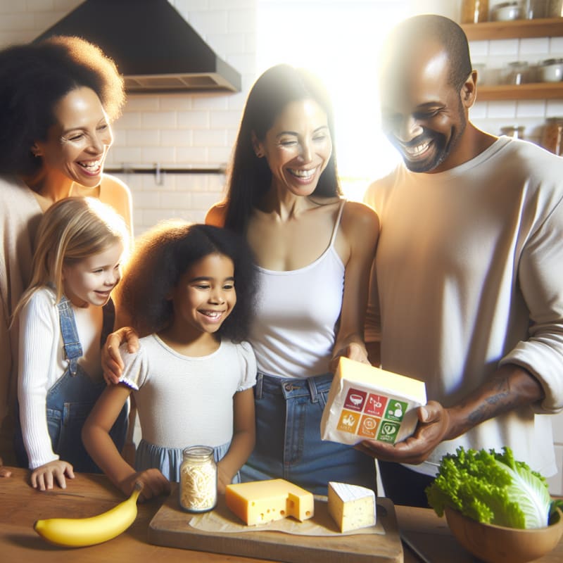 A bright modern kitchen with a smiling diverse family checking a cheese label together healthy cheese blocks on a wooden board allergy safe icons visible natural sunlight hopeful mood