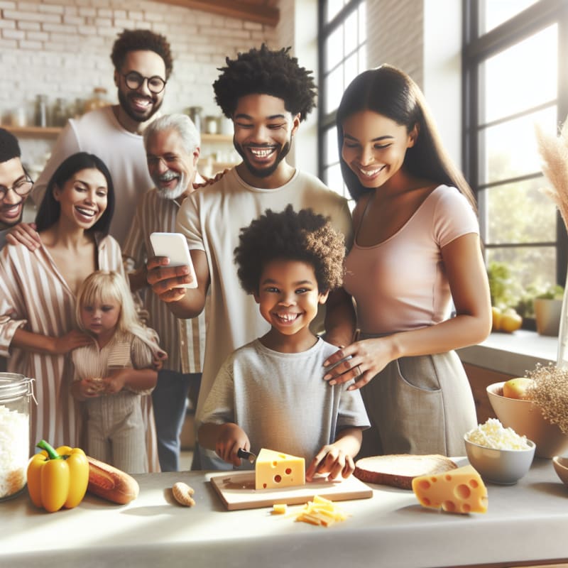 A cheerful diverse family smiles together in a sunlit modern kitchen as they prepare a healthy snack with cheese a child uses a smartphone app to scan a cheese label for allergens the scene is filled with natural light soft warm colors and gentle pastel accents everyone looks happy and empowered making safe food choices